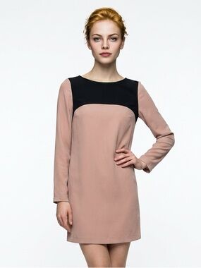 TIBI NEW YORK | Colorblock Long Sleeve Shift Dress Tan & Black Women’s Size 4